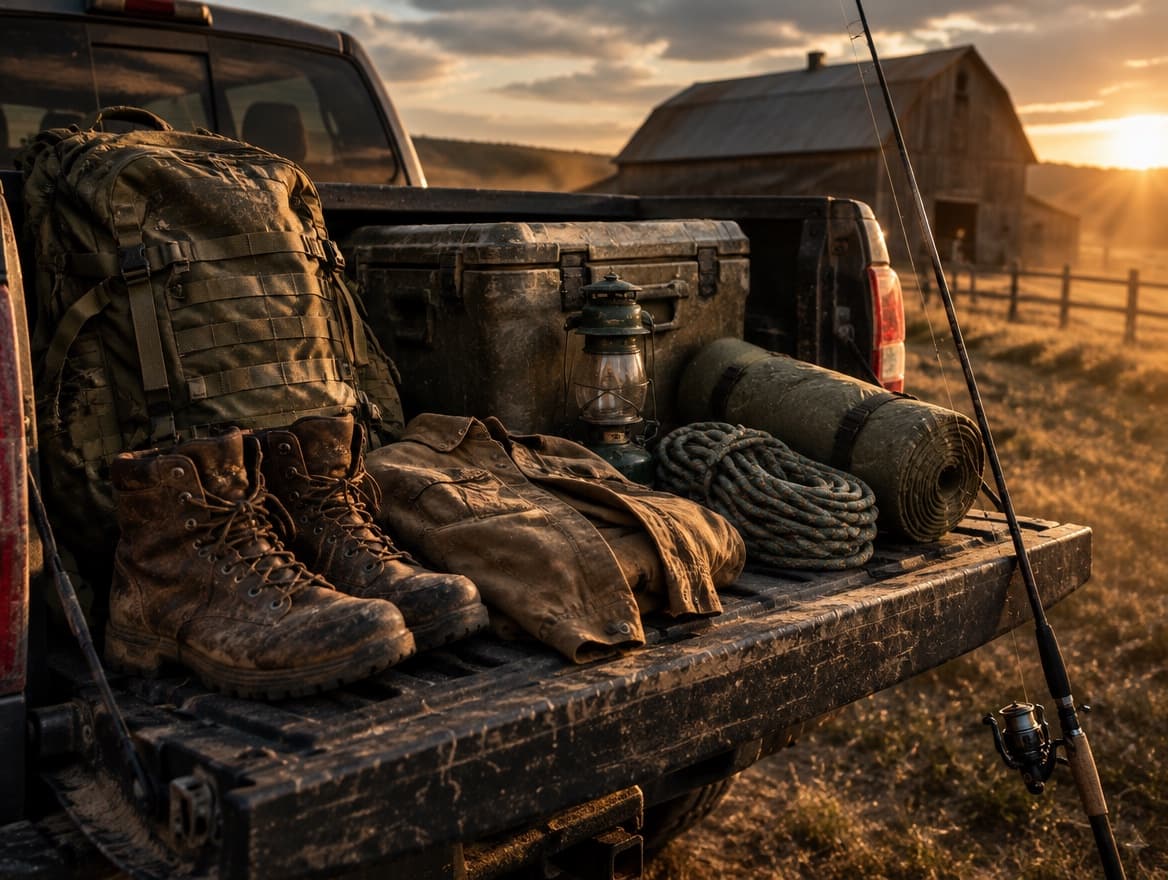 Used outdoor and tactical gear on a pickup truck tailgate at sunset
